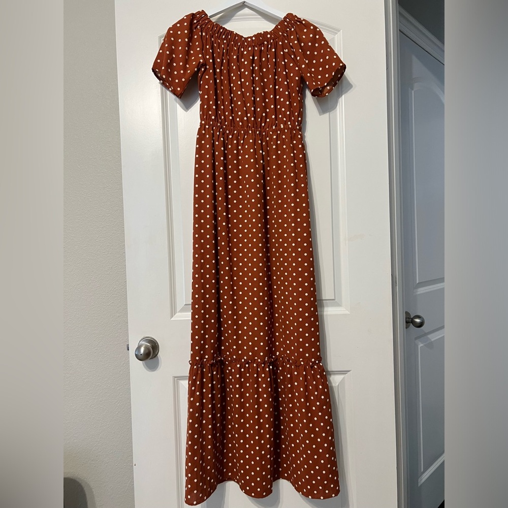 Burnt orange polka dot maxi dress